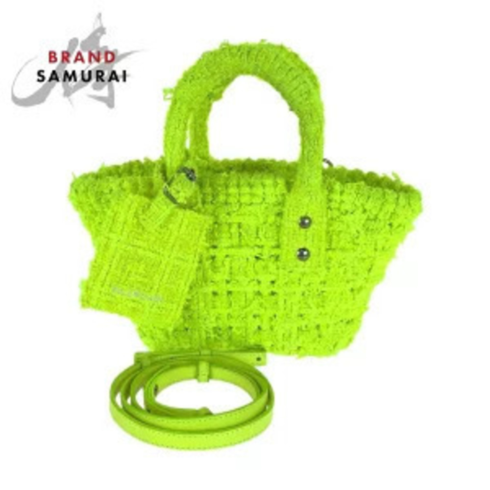 Balenciaga Bistro Neon Yellow Tweed Leather Handbag Shoulder Bag Basket